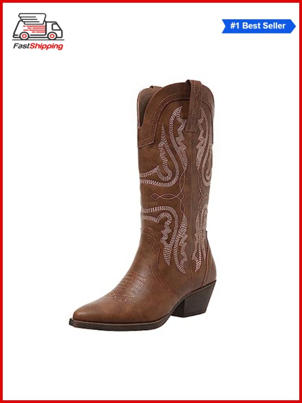 ✨ Women's Western Cowgirl Mid Calf Chunky Block Heel Snip Toe Cowboy Boots Faux